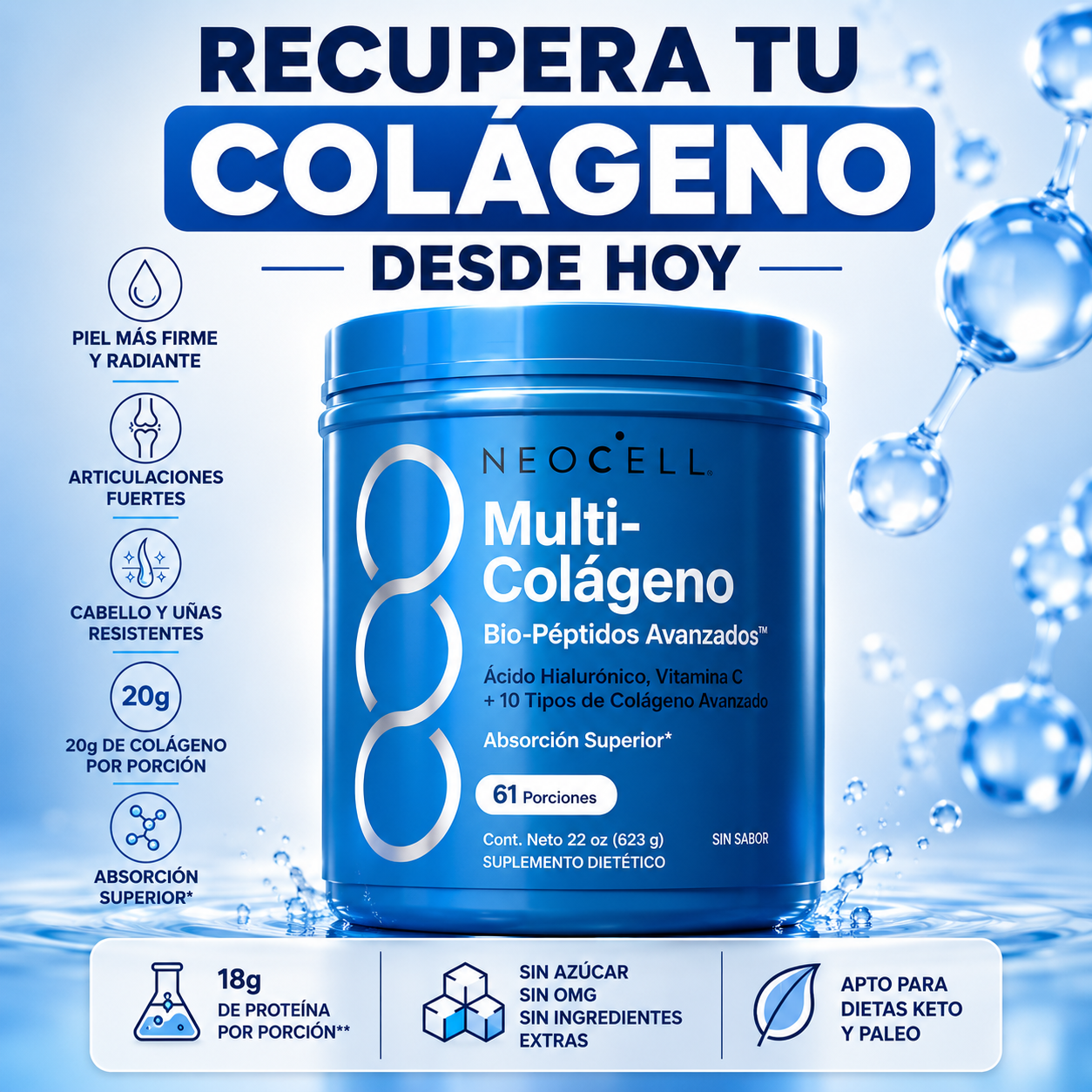 NeoCell Multi-Colageno Peptides - Piel Firme, Cabello Fuerte y Articulaciones