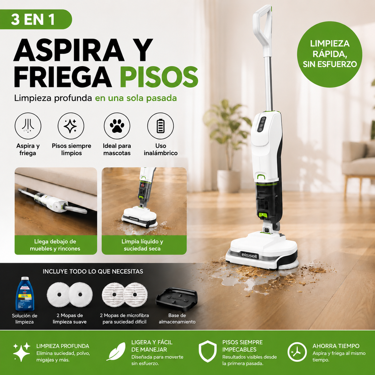 BISSELL | Aspiradora Inalámbrica 3 en 1 - Superligera y Portátil